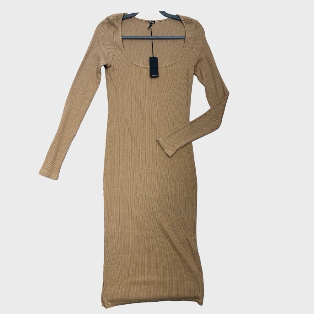 MONROW Ribbed Knit Long Sleeve Midi Bodycon Dress Square Neck Beige Womens Large